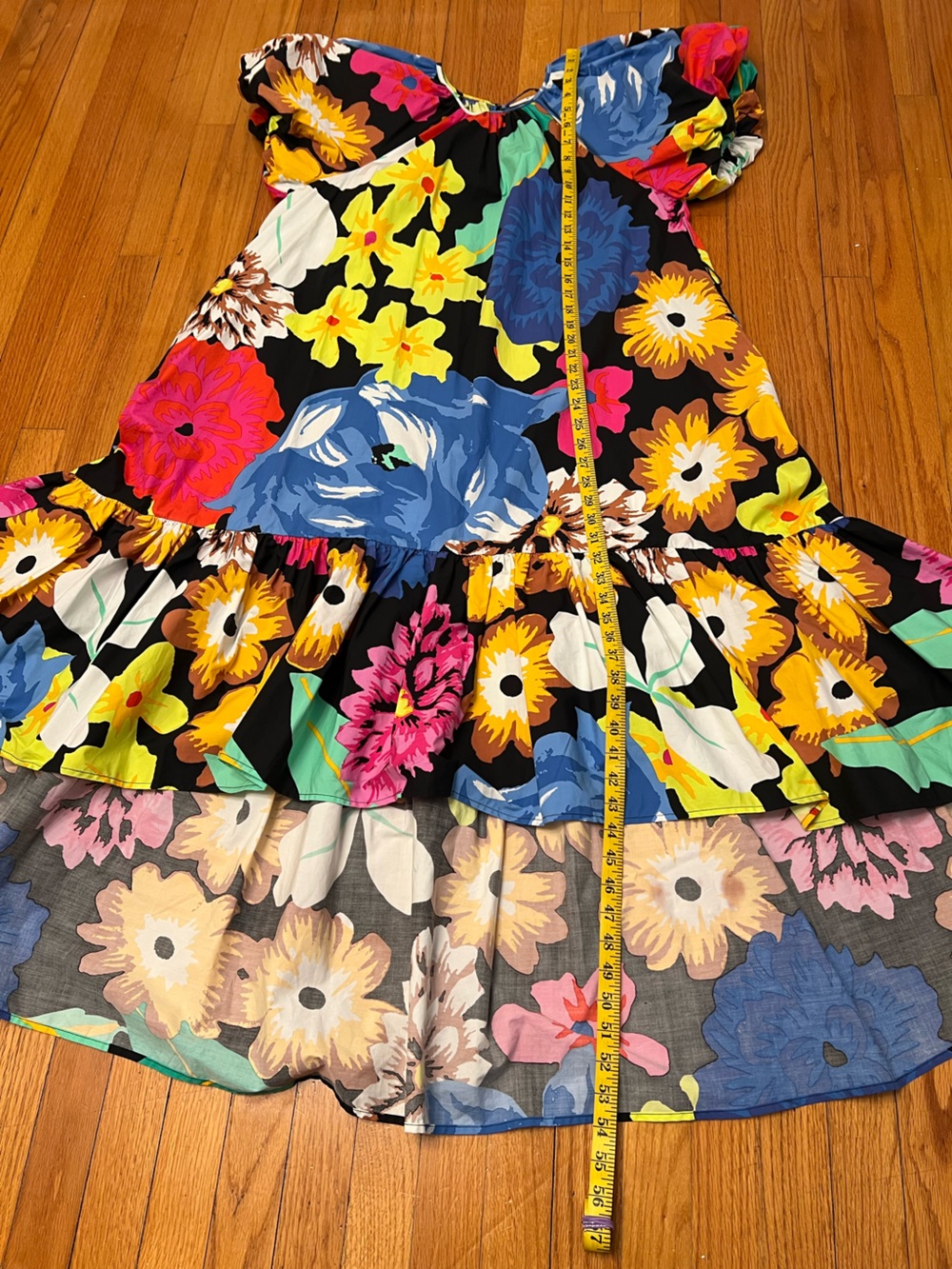 Vibrant Multicolor Floral Hi-Low Dress with Puff Sleeves L - Picture 10 of 15